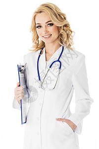带文件夹的女医生美丽的女医生,文件文件夹隔离白色背景上图片