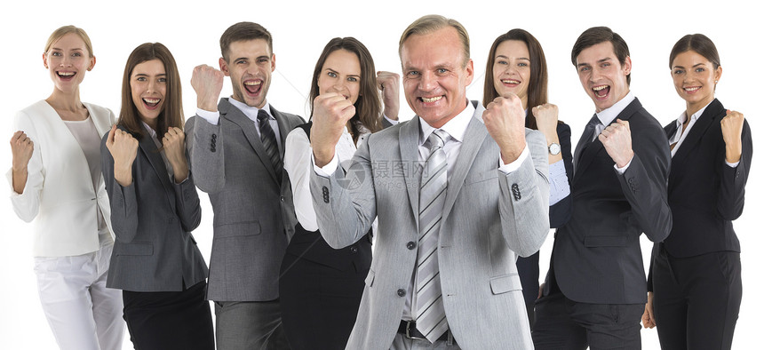 成功兴奋的商人成功兴奋的商业人士小队站,握拳,好的,的,手势隔离白色背景上图片