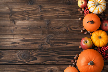 木桌上的秋收秋收静物与南瓜,苹果,榛子罗望子木制背景,顶部的景观图片