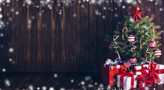 装饰诞树装饰诞树与发光灯礼品盒木制背景图片