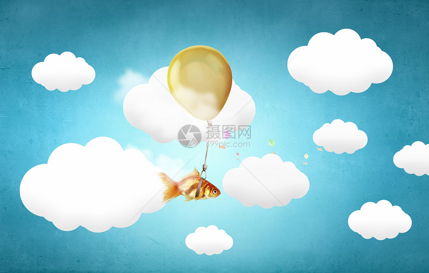 金鱼气球上飞翔飞天空中的金鱼被绑大气球上图片