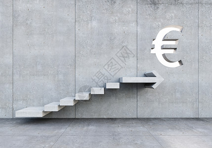 欧元符号增长进步混凝土房间,墙上楼梯,顶部欧元标志背景