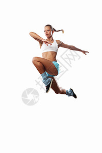 运动女跳跃的形象白色背景下跳跃的运动女孩的形象图片