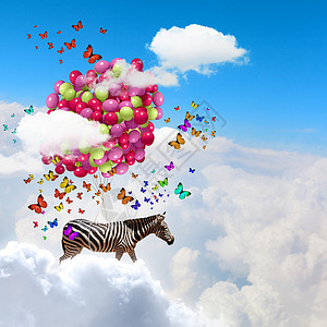 会飞的斑马斑马堆五颜六色的气球上天空飞翔的幻想形象图片