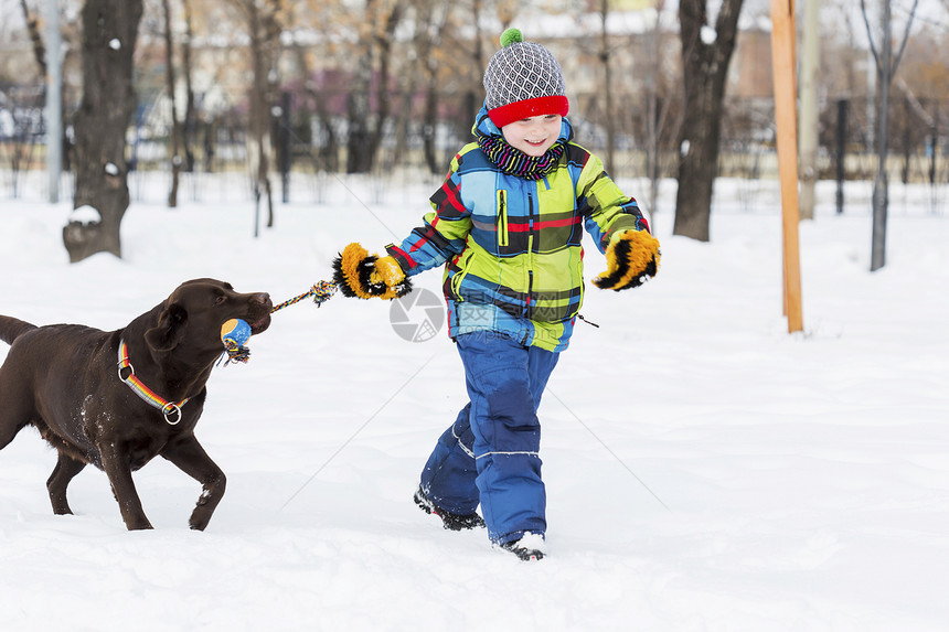 学龄儿童与狗冬季公园最好的朋友图片