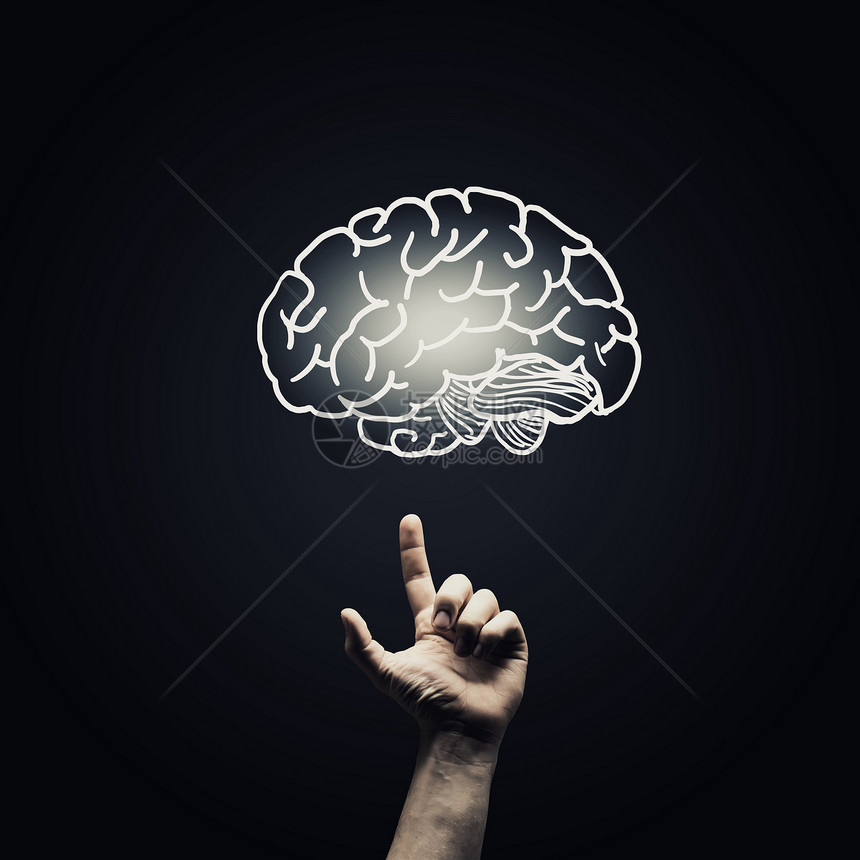 女人手里着大脑符号人类的手用手指指向大脑图标图片