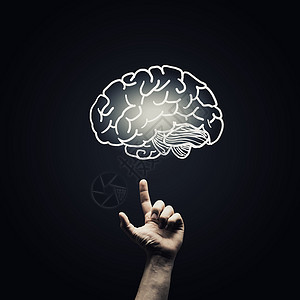 思考的大脑女人手里着大脑符号人类的手用手指指向大脑图标背景
