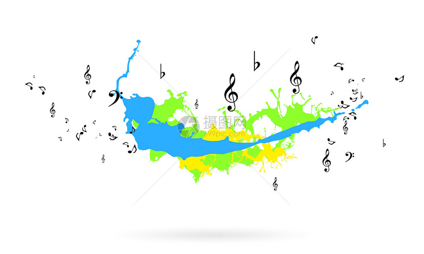 音乐背景图像与彩色飞溅音乐标志图片