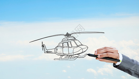 战斗直升机师画直升机手绘与手写笔直升机模型天空背景背景