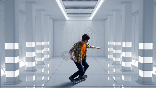男孩骑滑板活跃的家伙骑滑板虚拟未来的房间图片