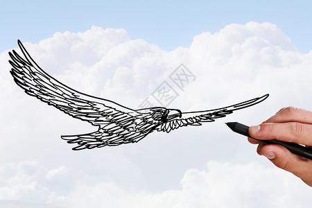 老鹰素描人天空背景上画飞鹰鸟图片