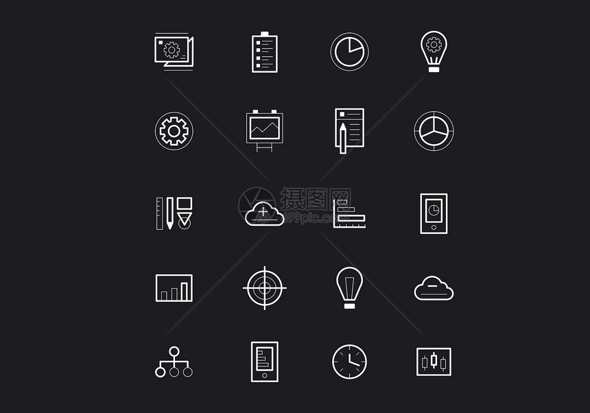 图标样本黑色背景上的白色界图标图片