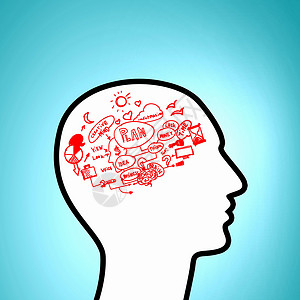 思考的大脑头脑风暴人类头部的轮廓与计划草图,而大脑背景