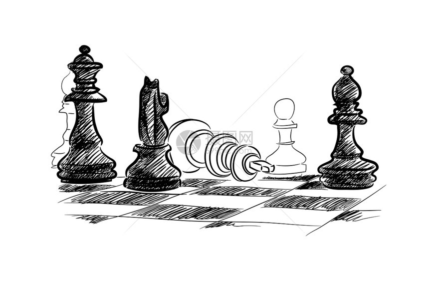 象棋比赛草图图像与棋子白色背景图片
