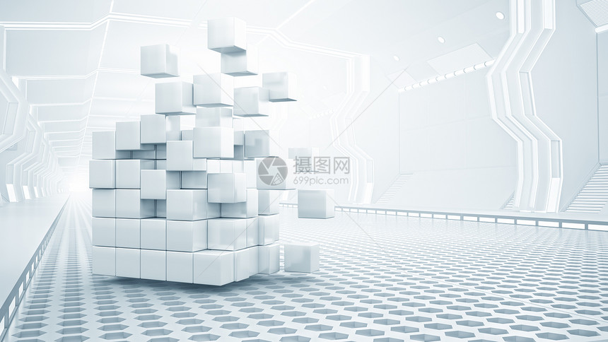 虚拟房间里的立方体未来主义房间中的抽象立方体创新的虚拟室内图片