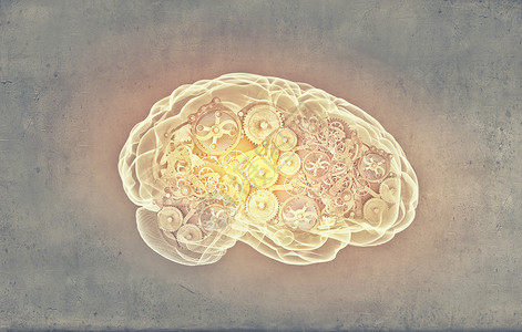 人类的大脑水泥背景下齿轮齿轮的人脑图片