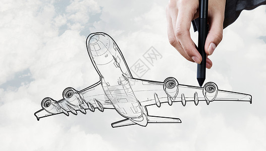 画人五官素材师画飞机人天空背景上画飞机模型设计图片