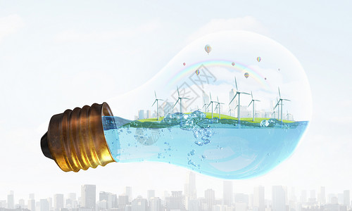 风能生态能源与风车内的灯泡背景图片