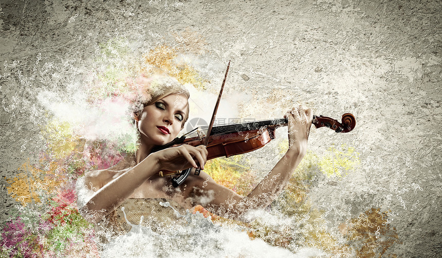 漂亮的女人拉小提琴美丽的女小提琴手五颜六色的背景下闭着眼睛演奏的形象图片