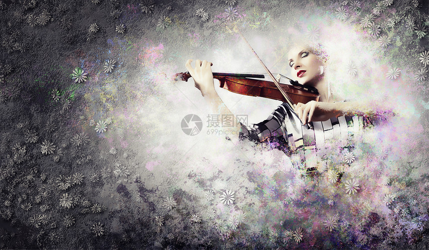 拉小提琴的漂亮女人五颜六色的背景下演奏小提琴的华丽女人的形象图片