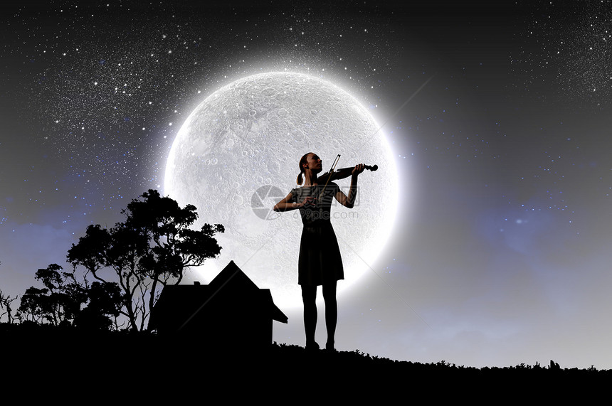 女小提琴手晚上拉小提琴的女人的剪影图片