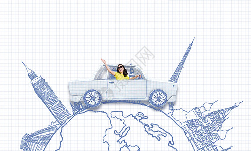 自动信用证汽车旅行轻的女人骑着辆由纸制成的汽车背景