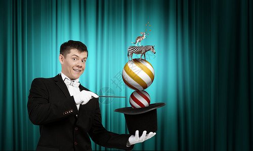 魔法动物戴着圆筒帽的魔术师轻开朗的商人用魔法帽子把戏背景