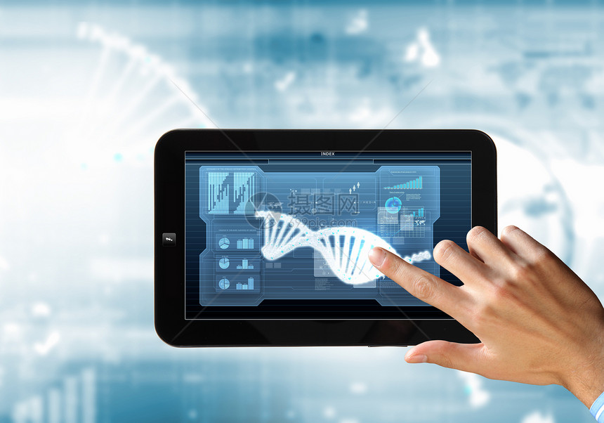 平板电脑屏幕上的DNA链平板电脑屏幕上的DNA螺旋抽象背景插图图片