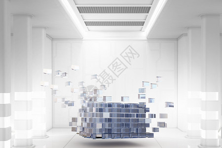 未来派房间里的立方体三维插图立方体现代技术的建筑图片