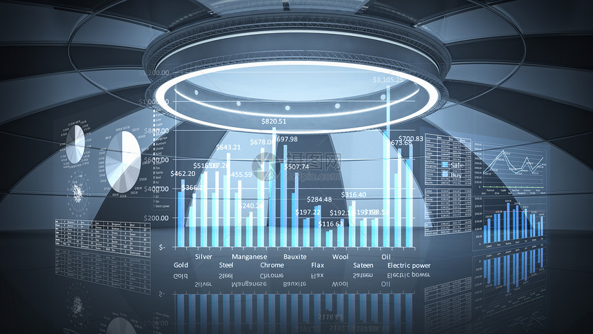 办公室内部图表图表现代办公窗口视图与虚拟市场信息图片