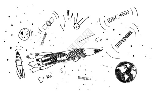 火箭铅笔组合牵引火箭白纸上的火箭草图背景