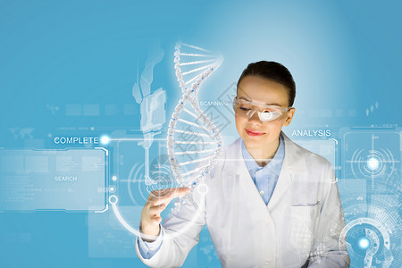 DNA分子女科学家媒体屏幕上触摸DNA分子图像图片