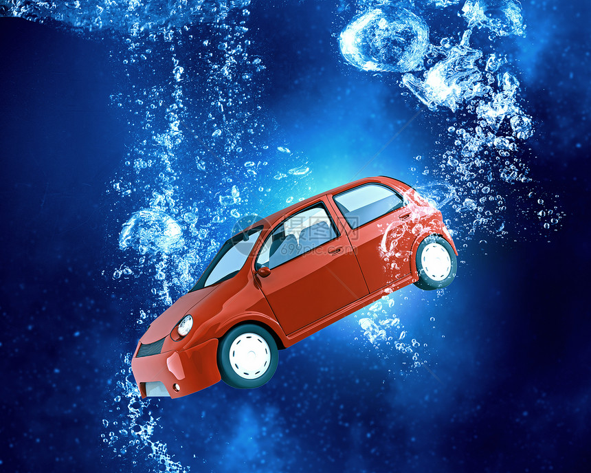 水下的车汽车符号沉入清澈的蓝色水中图片