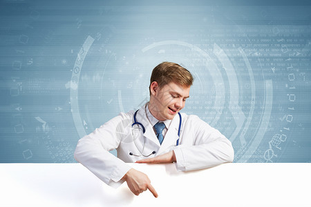 带横幅的医生轻的医生带着白色的空白横幅文字的位置图片