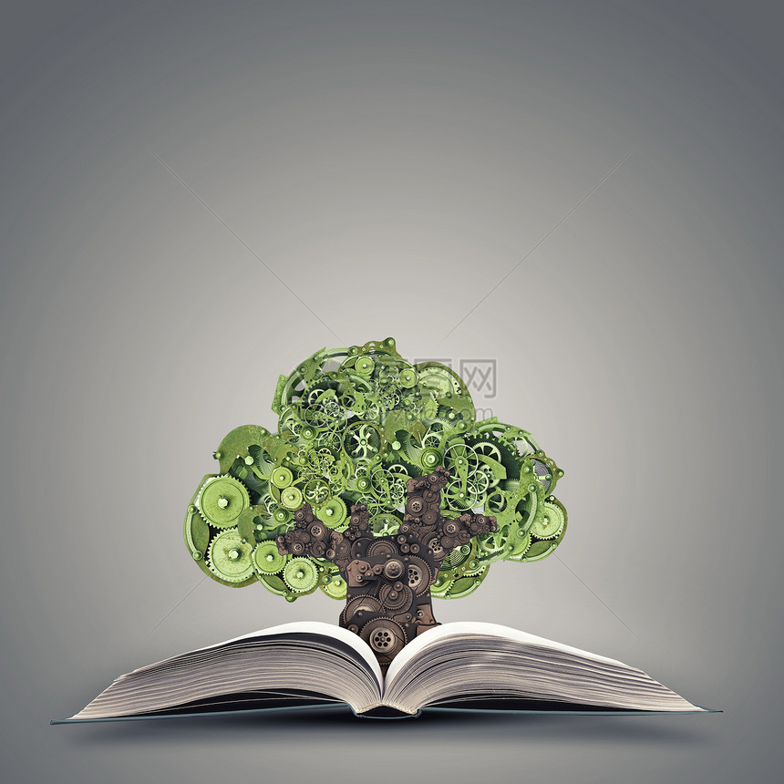 自然机制绿色与树木制成的齿轮生长书图片