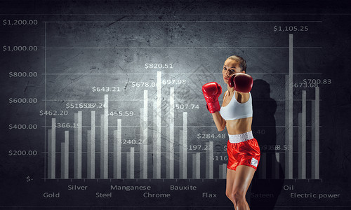为销售动态而战背景黑暗的拳击手女人带着图表图表图片