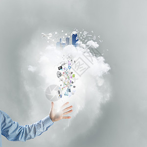 云计算技术商人白云的手与飞行图标图片