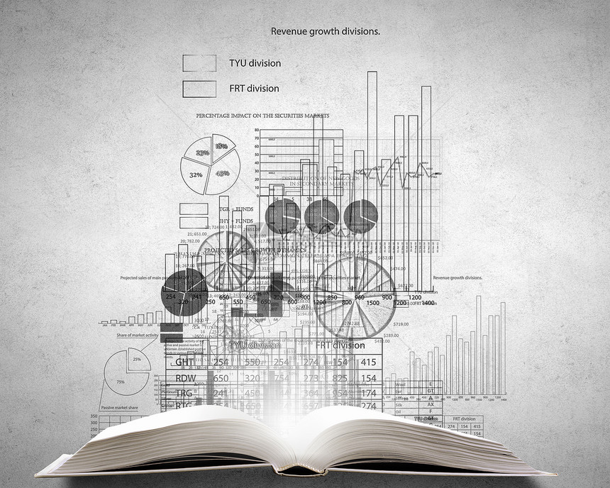 金融教育理念旧的打开的书与Infograph草图具体的背景图片