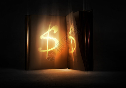 财务成功的秘诀旧的打开了带美元符号的魔法书背景图片