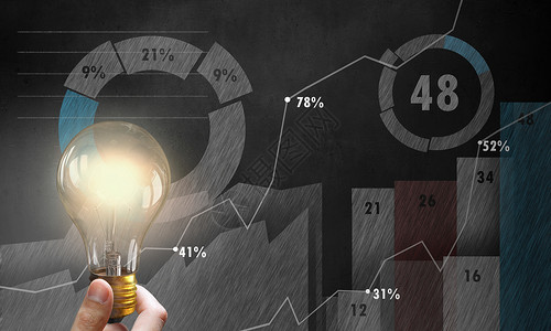 营销方案金融增长的想法男手握灯泡图表图表的背景上设计图片