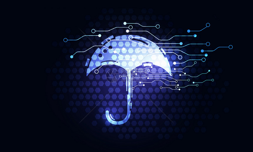 计算机保护黑暗的数字背景上发光的蓝色雨伞标志图片
