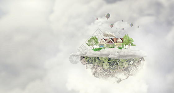 创造机制天空背景下带齿轮机构的房屋建造模型背景图片
