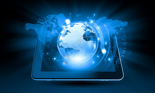 地球平板电脑全球技术与平板电脑媒体图标现代网络业务背景