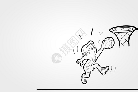 卡通男孩追篮球篮球比赛篮球运动员把球放篮子里的滑稽漫画背景