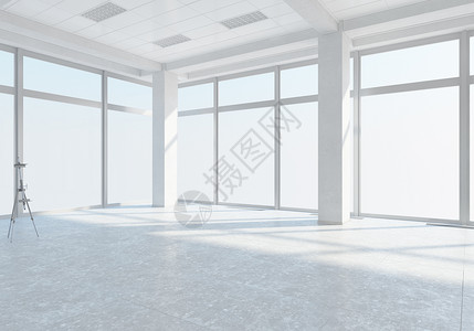 白色办公室内部优雅的办公室内部三维与全景窗口图片