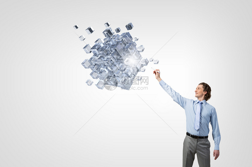 整合新技术商人伸手触摸三维渲染立方体图片