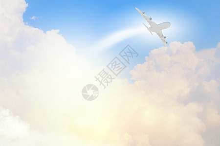 飞机天空中的形象晴朗的天空中飞行的飞机的图像,背景太阳图片