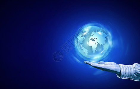 数字世界人手数字地球行星手掌上的蓝色背景图片