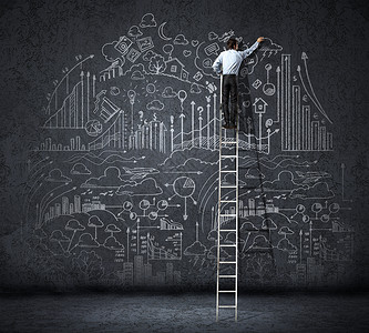 爬梯子男人大的商业计划站梯子上的商人的后视镜,墙上画商业草图背景