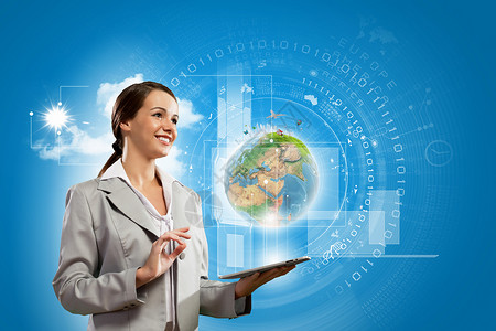 地球平板电脑媒体技术轻的女商人手里着平板电脑全球化这幅图像的元素由美国宇航局提供的背景